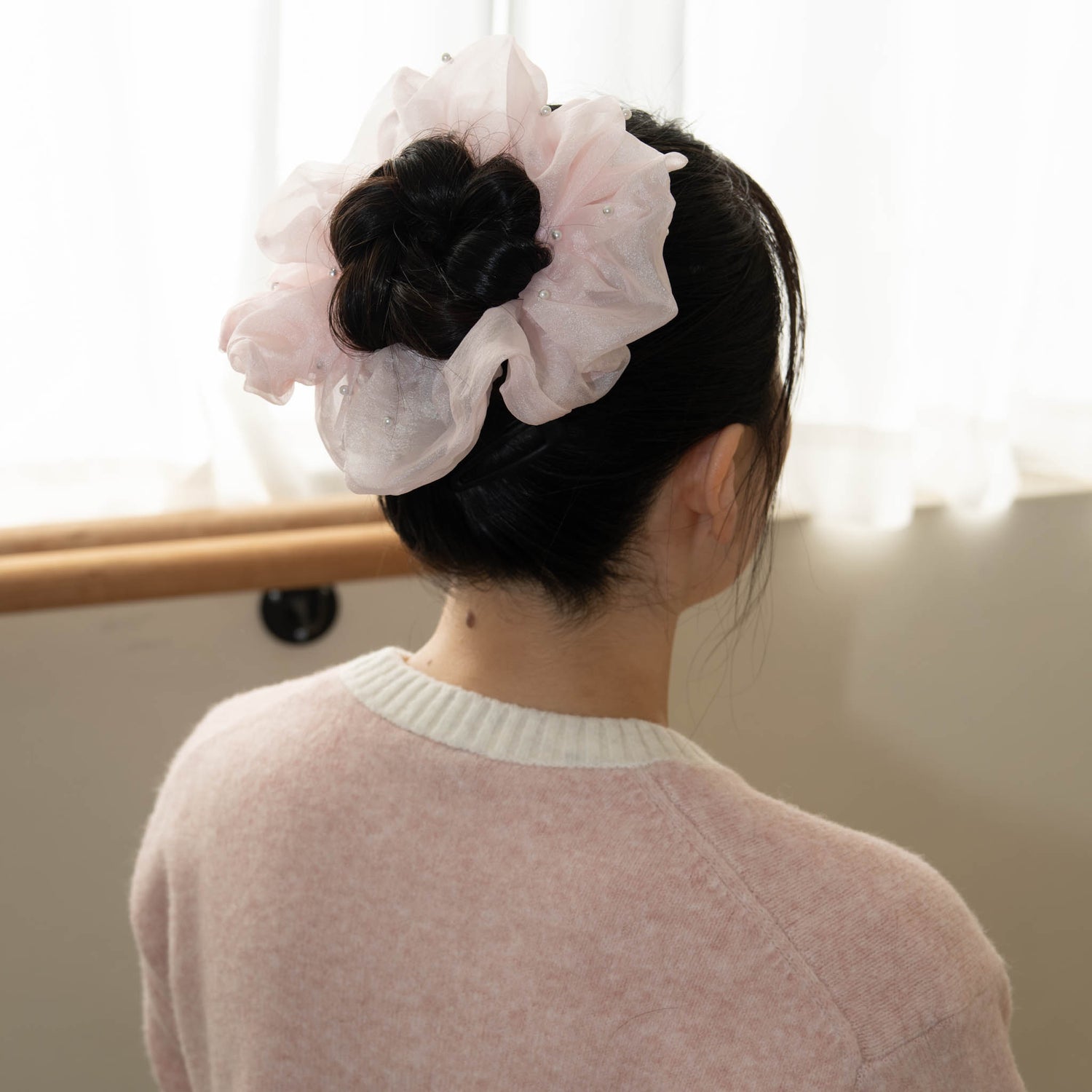 Pink Organza Pearl Scrunchies - Pack of 2